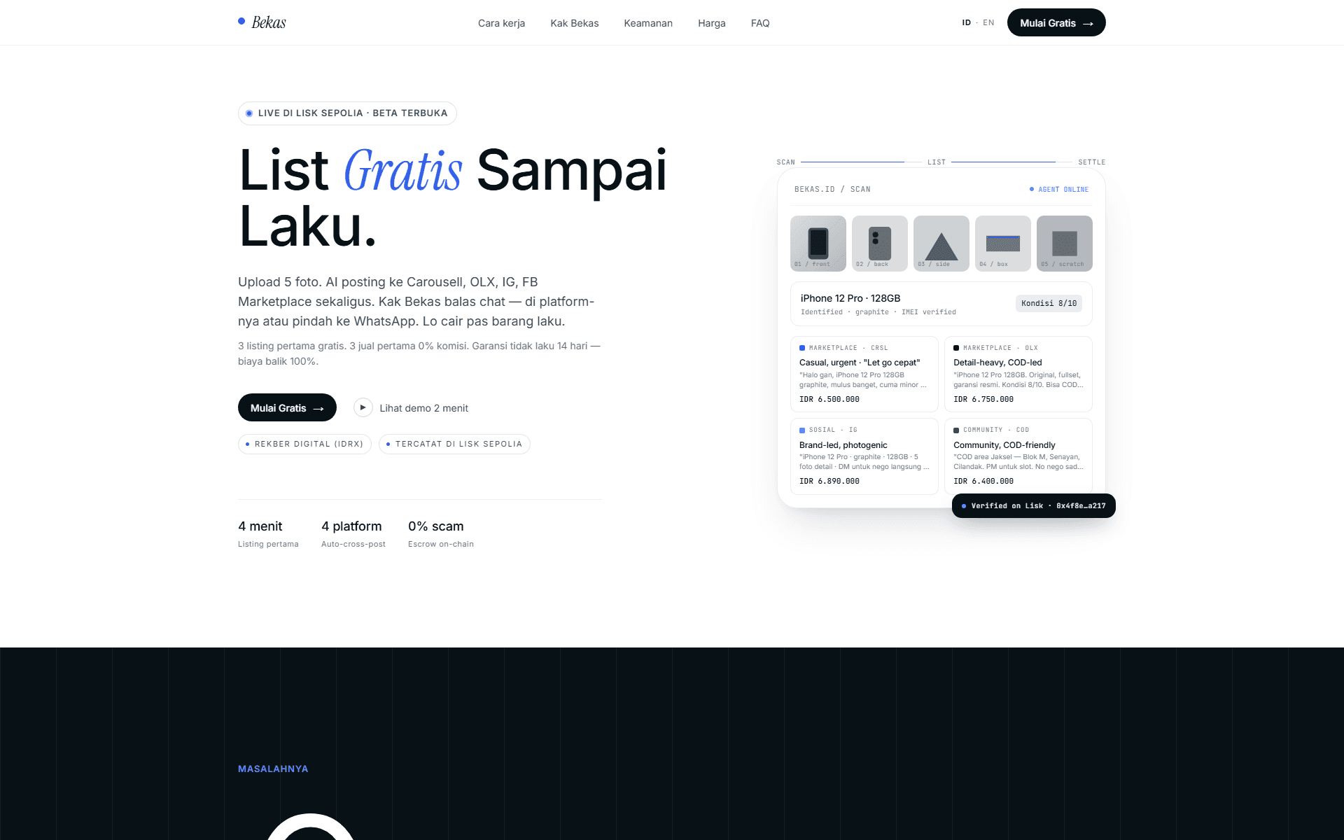 Bekas AI landing page showing one listing cross-posted to four marketplaces